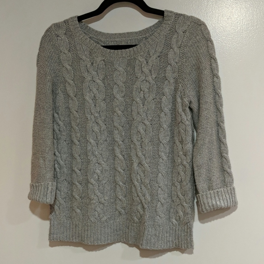 Cable knit sweater, grey with silver threads